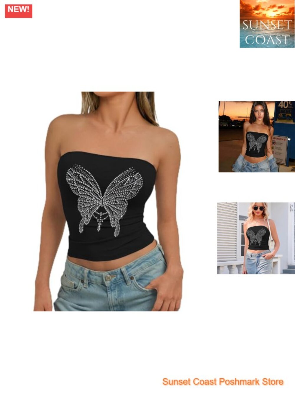 Y2K Rhinestone Butterfly Tube Top Strapless Bandeau Crop Tank Top
